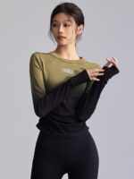 피트니스 걸스 가을 겨울 라운드넥 스포츠 탑 그라데이션 타이트 요가복 슬림 고탄력 러닝 티셔츠 트레이닝 긴팔 - 이미지 4