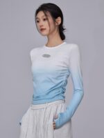 피트니스 걸스 가을 겨울 라운드넥 스포츠 탑 그라데이션 타이트 요가복 슬림 고탄력 러닝 티셔츠 트레이닝 긴팔 - 이미지 5