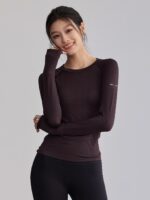 피트니스 걸스 라운드넥 타이트 요가복 속건성 러닝 스포츠 상의 프로페셔널 필라테스 트레이닝 신축성 긴팔 - 이미지 2