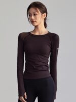 피트니스 걸스 라운드넥 타이트 요가복 속건성 러닝 스포츠 상의 프로페셔널 필라테스 트레이닝 신축성 긴팔 - 이미지 5