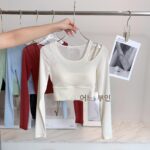 가슴 패드 핫걸 메시 가짜 투피스 요가 상의 원숄더 홀로우 댄스 러닝 통기성 스포츠 피트니스 의류