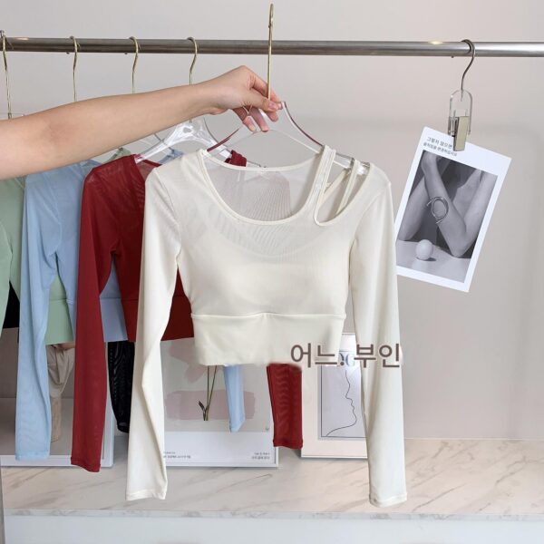 가슴 패드 핫걸 메시 가짜 투피스 요가 상의 원숄더 홀로우 댄스 러닝 통기성 스포츠 피트니스 의류