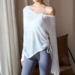 Youyoumeat 플리츠 드로스트링이 달린 긴팔 엉덩이 커버 요가 수트 블라우스, 느슨한 캐주얼 피트니스 스포츠 티셔츠, 러닝복 - 이미지 4