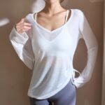 Youyoumeat 플리츠 드로스트링이 달린 긴팔 엉덩이 커버 요가 수트 블라우스, 느슨한 캐주얼 피트니스 스포츠 티셔츠, 러닝복 - 이미지 5