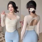 가을과 겨울 여성용 요가복, 가슴 패드 스포츠 상의, 고가 메시 긴팔 필라테스 트레이닝 피트니스복