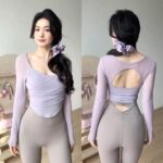 가을과 겨울 여성용 요가복, 가슴 패드 스포츠 상의, 고가 메시 긴팔 필라테스 트레이닝 피트니스복 - 이미지 2