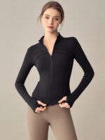 Vaneszer Plus 벨벳 요가 재킷 가을과 겨울 스탠드 칼라 지퍼 슬림 스포츠 상의 긴팔 필라테스 트레이닝 수트