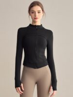 Vaneszer Plus 벨벳 요가 재킷 가을과 겨울 스탠드 칼라 지퍼 슬림 스포츠 상의 긴팔 필라테스 트레이닝 수트 - 이미지 2