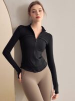 Vaneszer Plus 벨벳 요가 재킷 가을과 겨울 스탠드 칼라 지퍼 슬림 스포츠 상의 긴팔 필라테스 트레이닝 수트 - 이미지 3