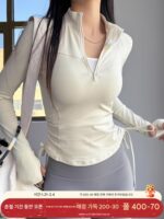 여성용 사이드 드로스트링 슬림핏 요가복 하프 지퍼 스포츠 캐주얼 트레이닝 상의 가을과 겨울 야외 요가 긴팔