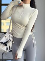 여성용 사이드 드로스트링 슬림핏 요가복 하프 지퍼 스포츠 캐주얼 트레이닝 상의 가을과 겨울 야외 요가 긴팔 - 이미지 2