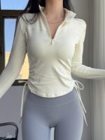 여성용 사이드 드로스트링 슬림핏 요가복 하프 지퍼 스포츠 캐주얼 트레이닝 상의 가을과 겨울 야외 요가 긴팔 - 이미지 4