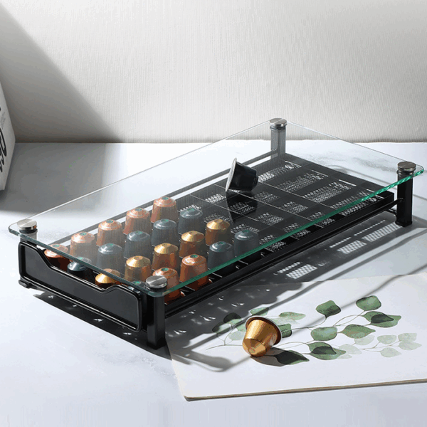 네스프레소 커피 캡슐 랙 40 그리드 유리 표면 소형 커피 크리머 보관 랙 방진 서랍형