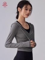 KAYANTY 가을 겨울 러닝 필라테스 타이트 롱슬리브 후드 요가복 트레이닝 V넥 허리 탑