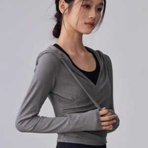 KAYANTY 가을 겨울 러닝 필라테스 타이트 롱슬리브 후드 요가복 트레이닝 V넥 허리 탑
