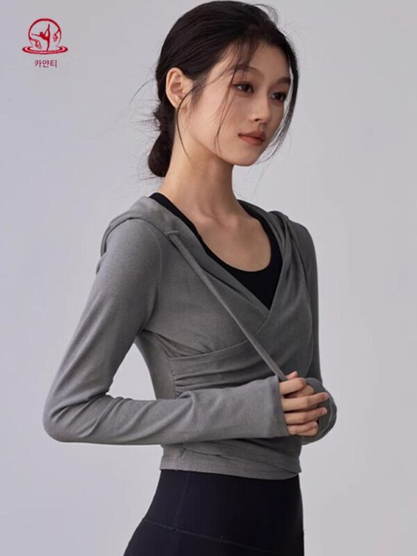 KAYANTY 가을 겨울 러닝 필라테스 타이트 롱슬리브 후드 요가복 트레이닝 V넥 허리 탑
