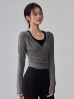 KAYANTY 가을 겨울 러닝 필라테스 타이트 롱슬리브 후드 요가복 트레이닝 V넥 허리 탑 - 이미지 2