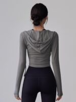 KAYANTY 가을 겨울 러닝 필라테스 타이트 롱슬리브 후드 요가복 트레이닝 V넥 허리 탑 - 이미지 3