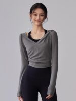 KAYANTY 가을 겨울 러닝 필라테스 타이트 롱슬리브 후드 요가복 트레이닝 V넥 허리 탑 - 이미지 4