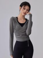 KAYANTY 가을 겨울 러닝 필라테스 타이트 롱슬리브 후드 요가복 트레이닝 V넥 허리 탑 - 이미지 5