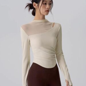 KAYANTY 고급 메시 스포츠 상의 가슴 패드 요가복 긴팔 필라테스 트레이닝 타이트하고 슬림