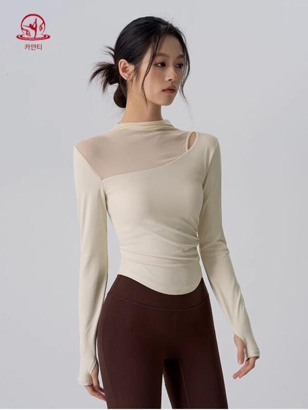 KAYANTY 고급 메시 스포츠 상의 가슴 패드 요가복 긴팔 필라테스 트레이닝 타이트하고 슬림