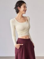 체스트 패드가 통합된 Bylure 요가 상의 크로스 플리츠 피트니스 의류 여성 가을 ​​겨울 필라테스 트레이닝 의류 - 이미지 2