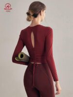 KAYANTY 요가복 상의, 아름다운 등을 위한 여성용 가슴 패드 포함 피트니스복 스포츠 긴팔 필라테스 트레이닝복 가을과 겨울