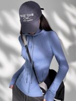 KAYANTY 후드 스포츠 재킷 여성용 러닝 피트니스 웨어 캐주얼 상의 통기성 탄력 요가 트레이닝 긴팔 - 이미지 5