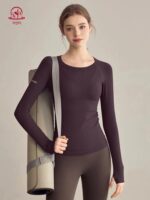 KAYANTY 요가 상의 스포츠 티셔츠 여성용 필라테스 트레이닝복 피트니스 긴팔 라운드넥 바텀 셔츠 가을과 겨울