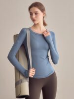 KAYANTY 요가 상의 스포츠 티셔츠 여성용 필라테스 트레이닝복 피트니스 긴팔 라운드넥 바텀 셔츠 가을과 겨울 - 이미지 3