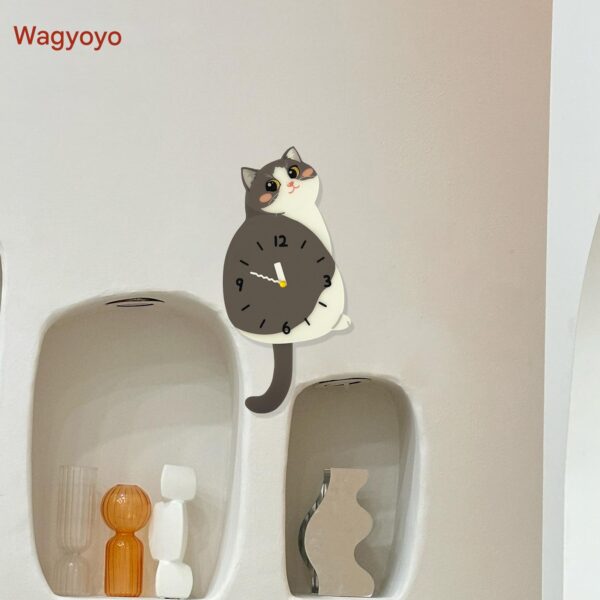 오리지널 블루 앤 화이트 고양이 벽시계 새끼 고양이 벽시계 꼬리가 흔들릴 수 있는 크리에이티브 시계 입주 선물 무음 벽시계