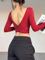 KAYANTY 원피스 오픈백 스포츠 상의 러닝 트레이닝 요가복 슬림핏 캐주얼 피트니스 긴팔 - 이미지 3