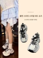 여성용 정품 가죽 두꺼운 밑창 아빠화 2025년 봄 신상품 키높이 메시 레이스업 발 노출 통기성 레트로 스포츠 캐주얼화