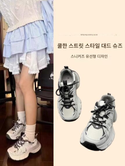 여성용 정품 가죽 두꺼운 밑창 아빠화 2025년 봄 신상품 키높이 메시 레이스업 발 노출 통기성 레트로 스포츠 캐주얼화