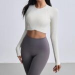 KAYANTY 가을과 겨울 라글런 슬리브, 스레디드 롱 슬리브, 요가복, 여성용 크로스 헴 피트니스복, 러닝 스포츠 상의 - 이미지 5