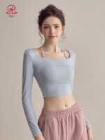 KAYANTY 여성용 고급 요가 상의 가슴 패드가 있는 가짜 2피스 피트니스 긴팔 홀터넥 요가복 짧은 새 상품