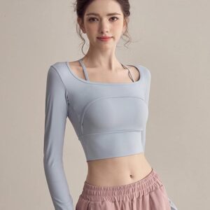 KAYANTY 여성용 고급 요가 상의 가슴 패드가 있는 가짜 2피스 피트니스 긴팔 홀터넥 요가복 짧은 새 상품