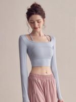 KAYANTY 여성용 고급 요가 상의 가슴 패드가 있는 가짜 2피스 피트니스 긴팔 홀터넥 요가복 짧은 새 상품 - 이미지 2