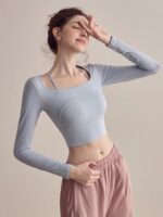 KAYANTY 여성용 고급 요가 상의 가슴 패드가 있는 가짜 2피스 피트니스 긴팔 홀터넥 요가복 짧은 새 상품 - 이미지 3