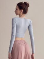 KAYANTY 여성용 고급 요가 상의 가슴 패드가 있는 가짜 2피스 피트니스 긴팔 홀터넥 요가복 짧은 새 상품 - 이미지 4