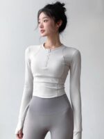 KAYANTY 피트니스 긴팔 스트레치 요가복 여성용 봄, 가을 슬림 러닝 슬림 하프 지퍼 스포츠 상의 - 이미지 2