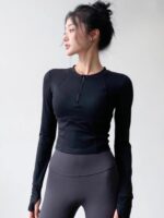 KAYANTY 피트니스 긴팔 스트레치 요가복 여성용 봄, 가을 슬림 러닝 슬림 하프 지퍼 스포츠 상의 - 이미지 3