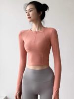 KAYANTY 피트니스 긴팔 스트레치 요가복 여성용 봄, 가을 슬림 러닝 슬림 하프 지퍼 스포츠 상의 - 이미지 4