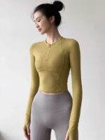 KAYANTY 피트니스 긴팔 스트레치 요가복 여성용 봄, 가을 슬림 러닝 슬림 하프 지퍼 스포츠 상의 - 이미지 5