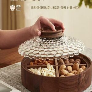새로운 중국 호두 말린 과일 상자 칸막이는 고급 차 과일 접시 크리스탈 유리 덮개 원형 선물 상자 나무를 쌓을 수 있습니다