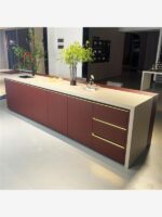 고급 맞춤형 록 슬래브 고급 센터 아일랜드 다이닝 테이블 통합 산호 레드 플러시 다기능 풀 아일랜드 레스토랑 바