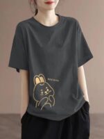 해외무역 브랜드 수출 100% 면 라운드넥 반팔 캐주얼 티셔츠 여성 여름복 배 가리는 기질 바텀 셔츠 상의 - 이미지 2