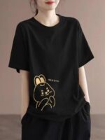 해외무역 브랜드 수출 100% 면 라운드넥 반팔 캐주얼 티셔츠 여성 여름복 배 가리는 기질 바텀 셔츠 상의 - 이미지 4