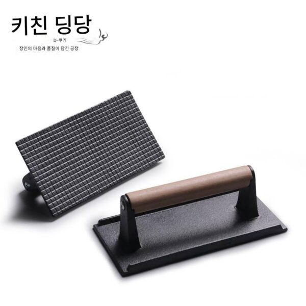 긴 철판 압착 코팅 무판 고기 정사각형 층 체크 무늬 주철판 무코팅 그릴 플레이트 스테이크 프레스 플레이트 너도밤나무 손잡이